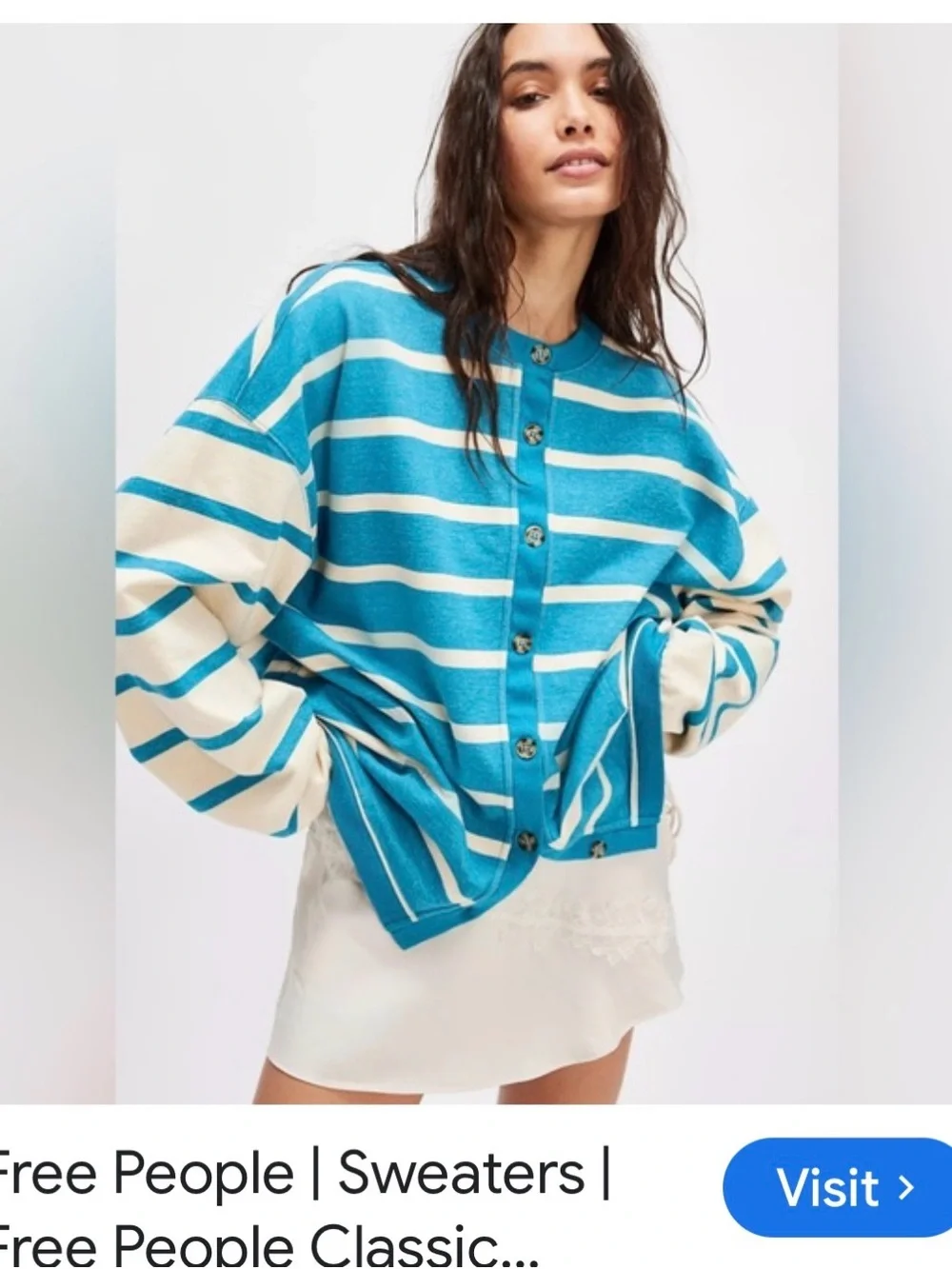 Free People Turquoise & Cream Striped Button Cardigan